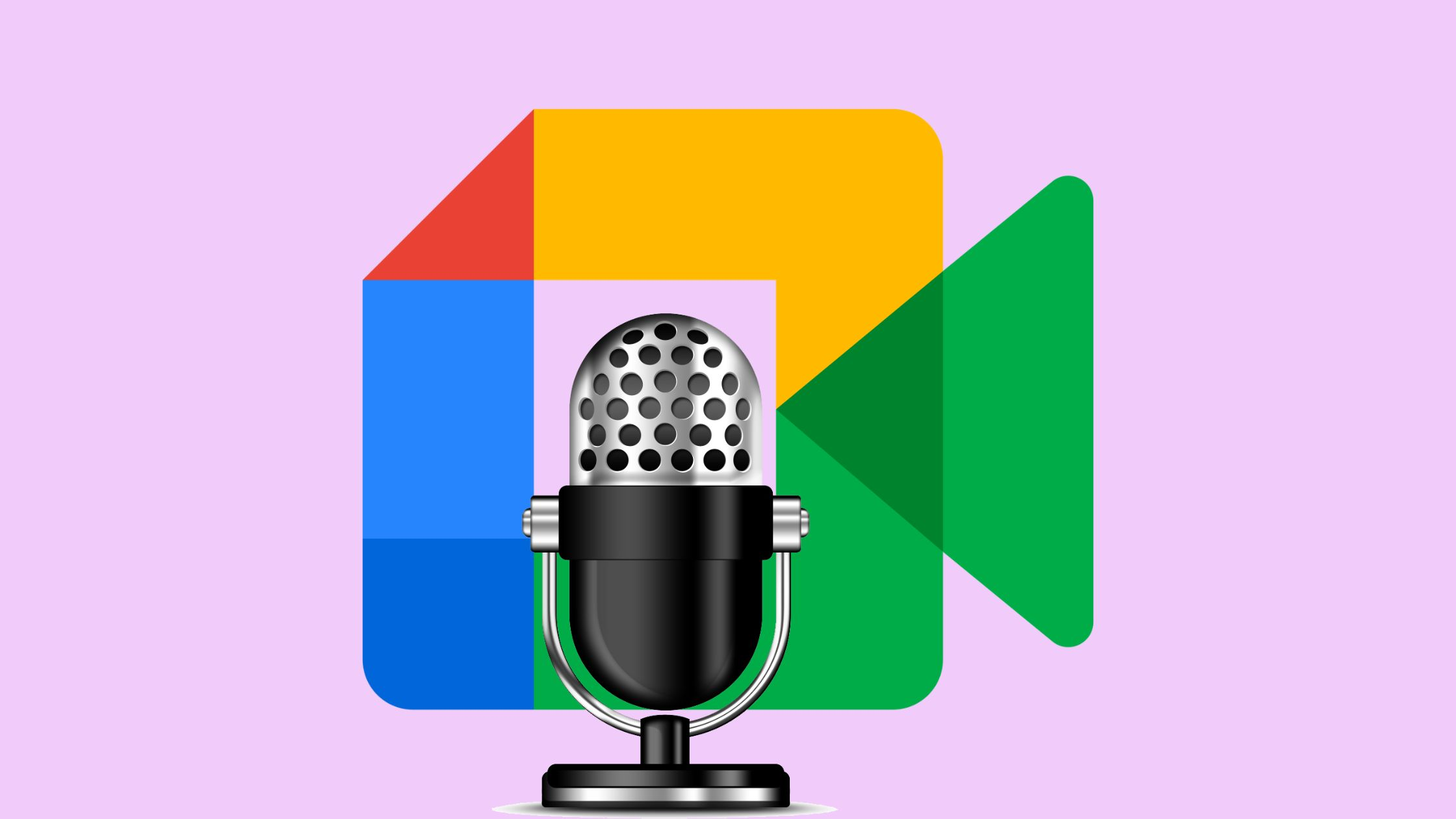 A retro microphone in front of the Google Meet logo on a purple background