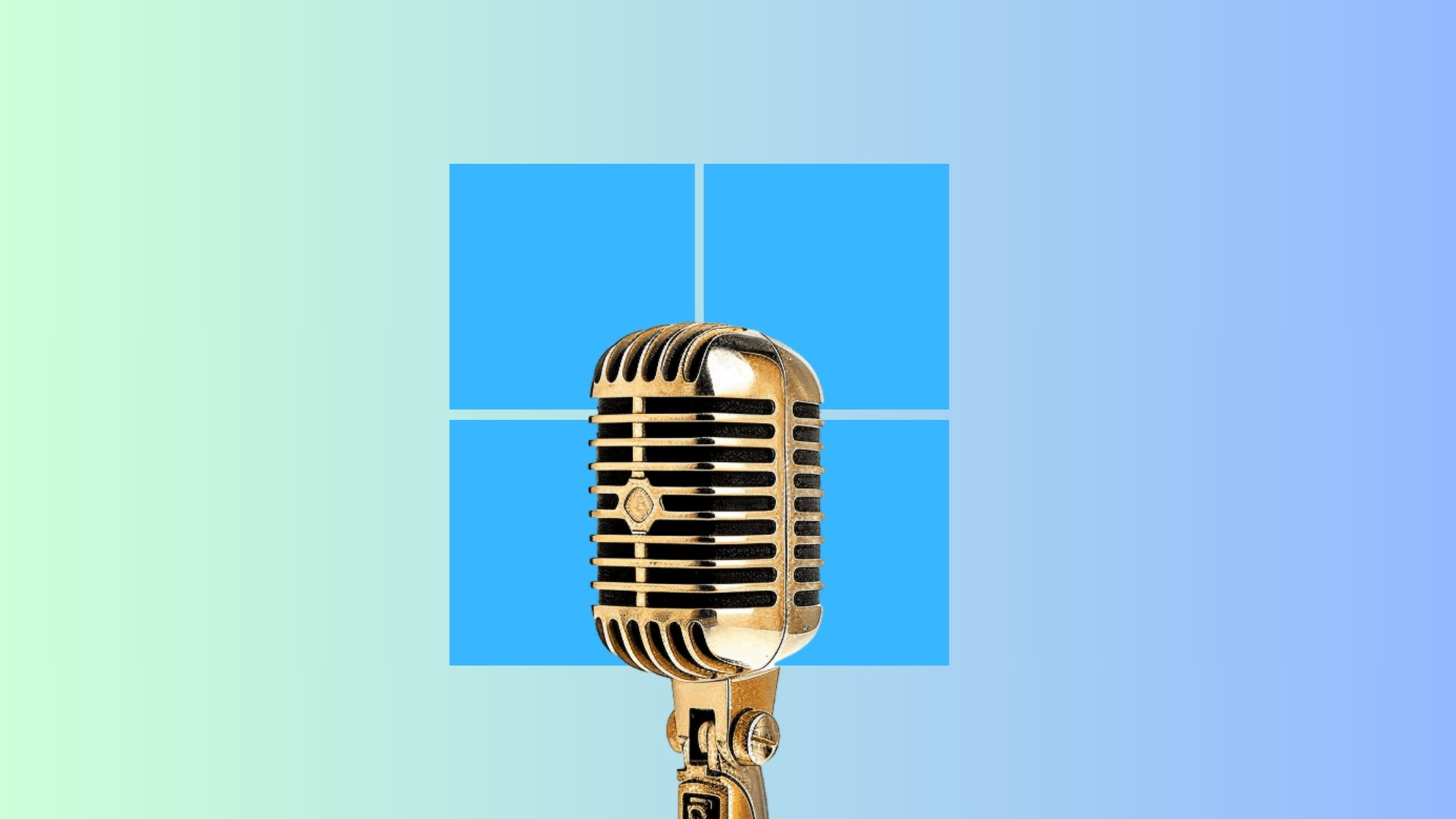 A gold vintage microphone in front of the Windows 11 logo